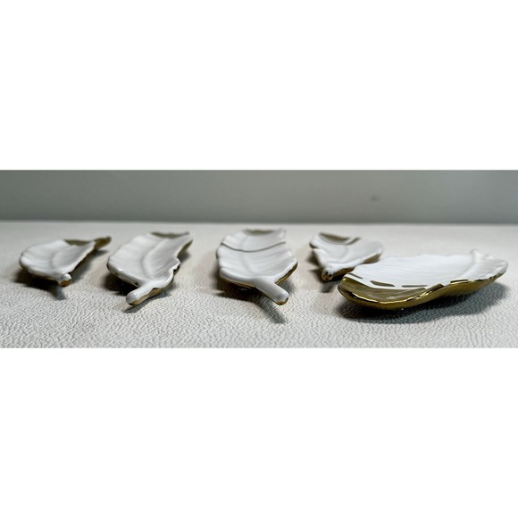 Set of 5 Porcelain Feather Wall Hangings White‎ & Gold Ceramic Boho Decor - Picture 8 of 10
